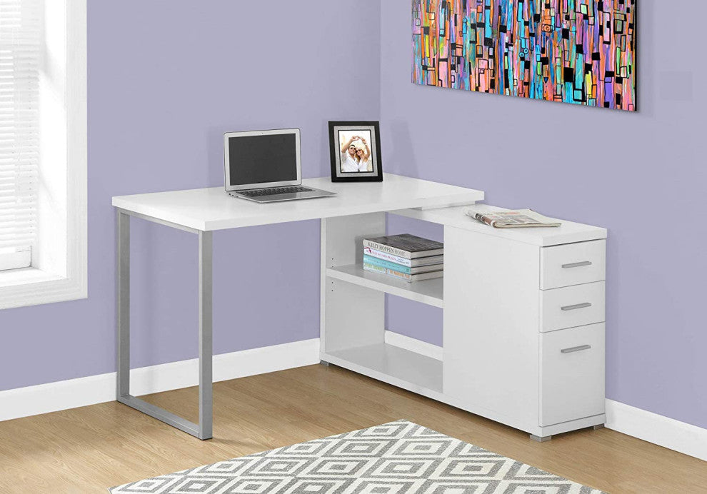 L-Shaped Desk, Spacious Worktop With Storage Drawers and Open Shelves, White