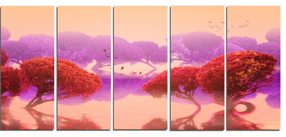 Red and Purple Japanese Gardens, Large Landscape Canvas Print, 60"x28", 5 Panels