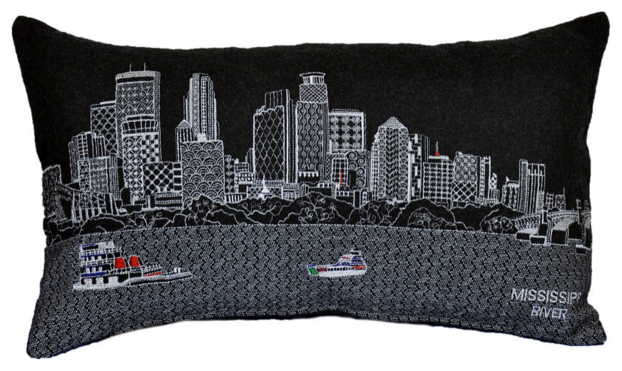 25" Black Minneapolis Nighttime Skyline Lumbar Decorative Pillow