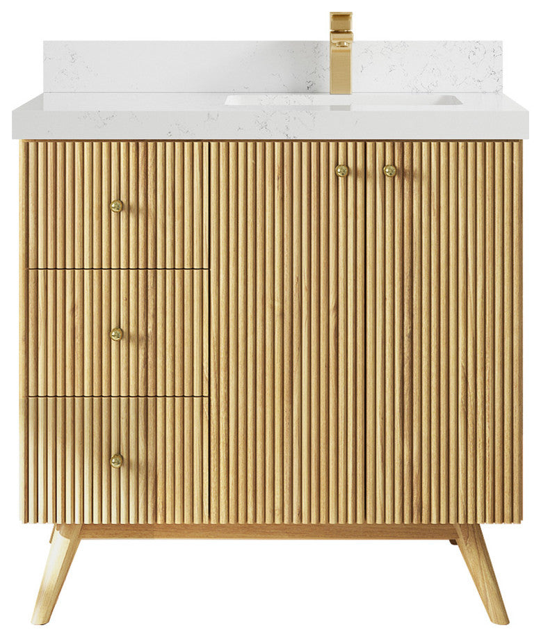 Pasadena 36 Right Offset  Bath Vanity in Light Natural Teak 2" Empira White
