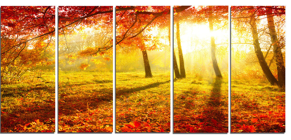 Yellow Red Fall Trees and Leaves, Landscape Canvas Art Print, 60"x28", 5 Panels