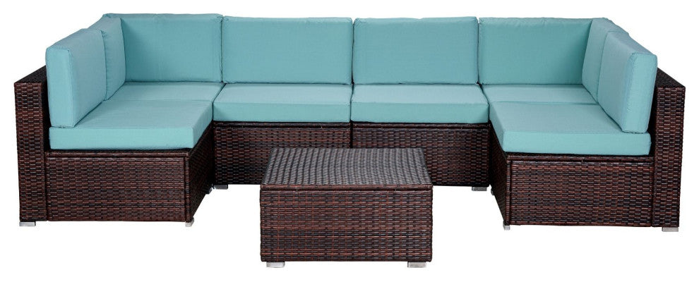 7-Piece Outdoor Wicker U-Shaped Patio Sofa Set with Table and Cushions, Teal Blue+brown