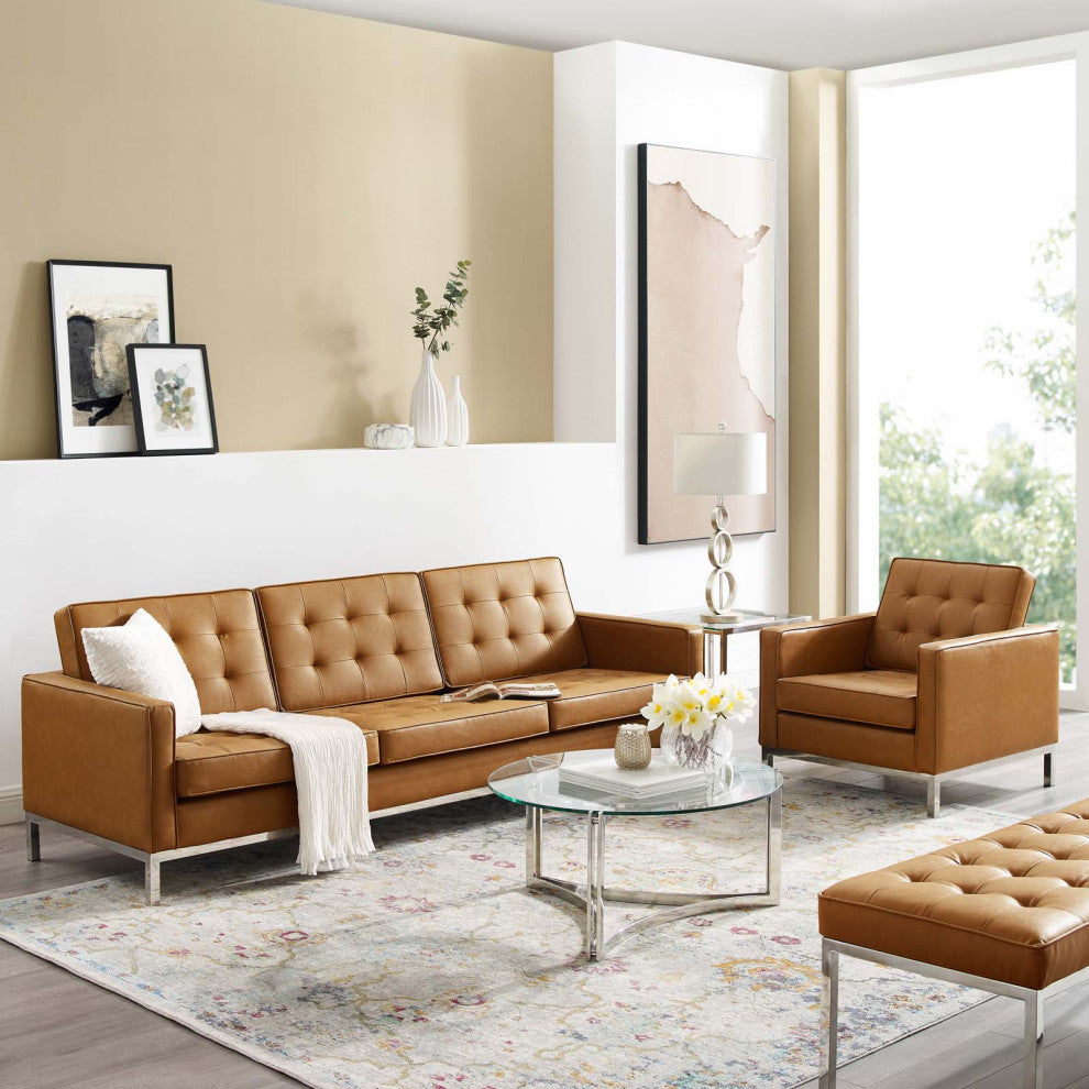 Loft Tufted Upholstered Faux Leather Sofa and Armchair Set Silver Tan
