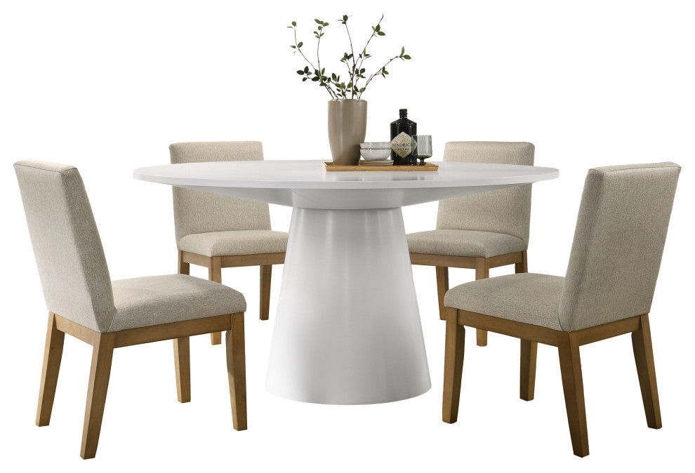 Jasper 5-Piece 59" Wide Round Dining Set Pedestal Base With Upholstered Chairs, White