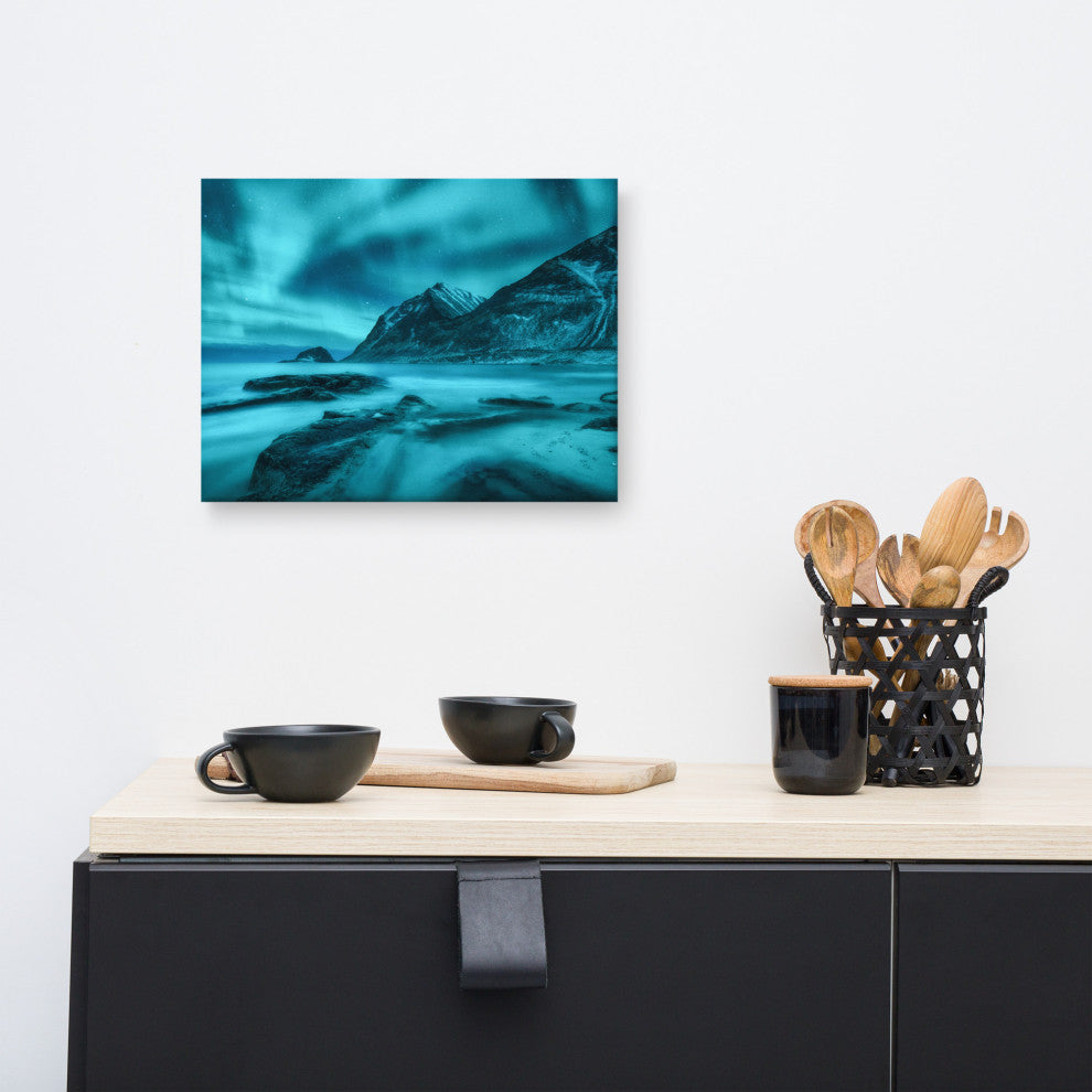 Blue Northern Lights and Mountain Coast Landscape Photo Canvas Wall Art Prints, 12" X 16"