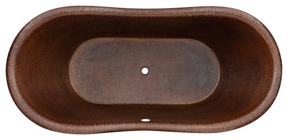67" Hammered Copper Double Slipper Bathtub, Rings, Overflow Holes & Drain