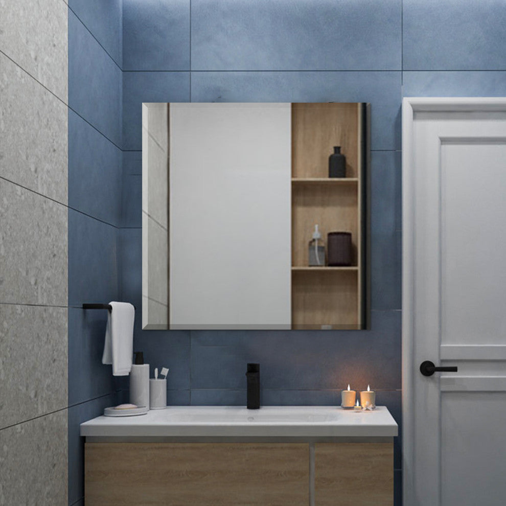 Square Beveled Polished Frameless Wall Mirror With Hooks, 24"