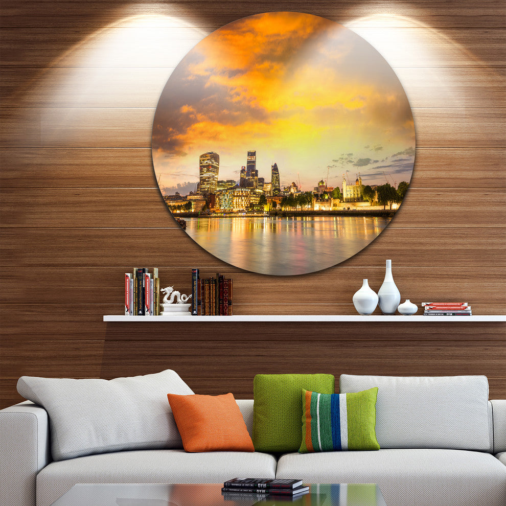 Financial District Of London At Twilight, Cityscape Round Wall Art, 11"
