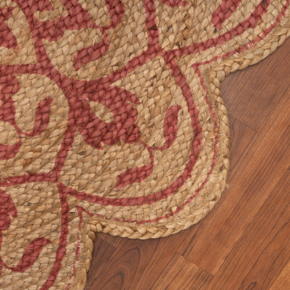 6" Round Tan and Red Boho Chic Area Rug