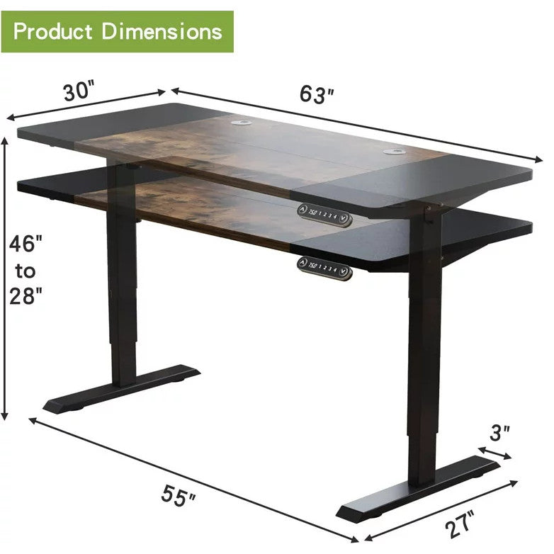 Modern Electric Desk, Metal Frame With Hanging Hooks & Adjustable Shelf, Brown