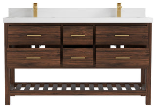 Parker Teak 60" Double Sink Vanity, Dark Walnut Teak, 60" Double, 2" White Quartz