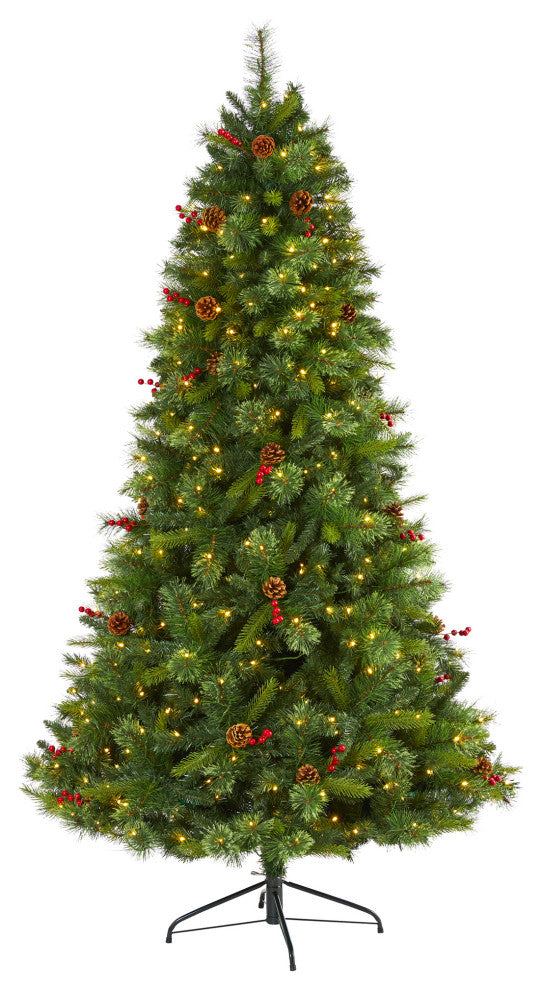 7' Aberdeen Spruce Faux Xmas Tree With 500 Clear Lights, Pinecones & Red Berries