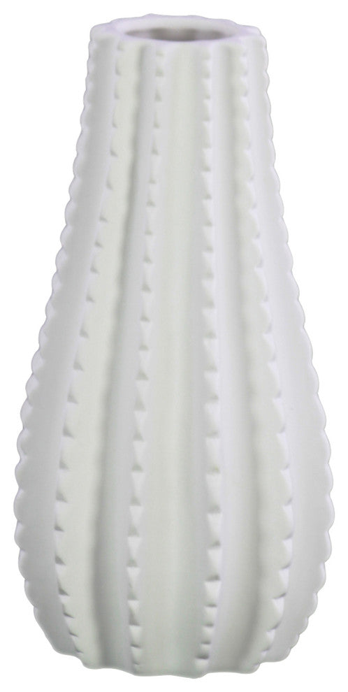 Bellied Round Vase, Patterned and Beaded Design Body, Small, White