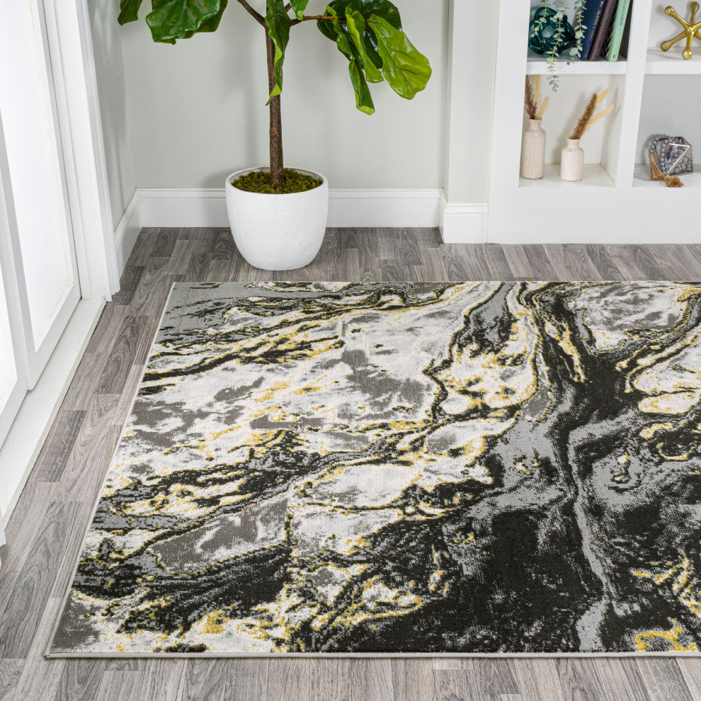 Swirl Marbled Abstract Area Rug, Black/Yellow, 4 X 6