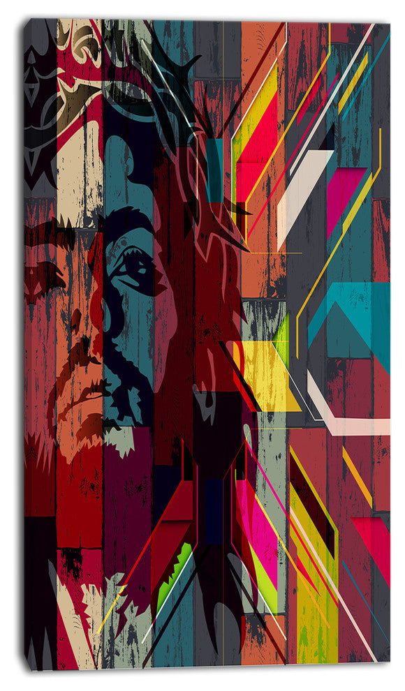 Jesus over Abstract Wooden Design, Large Abstract Canvas Art, 16"x32"