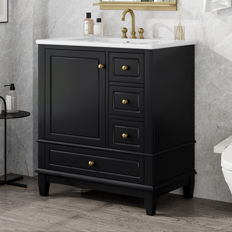 GDF Studio 30" Vanity With Ceramic Sink, Soft Close Door & Drawers, Black