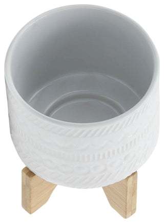 6" Tribal Planter With Wood Stand, White