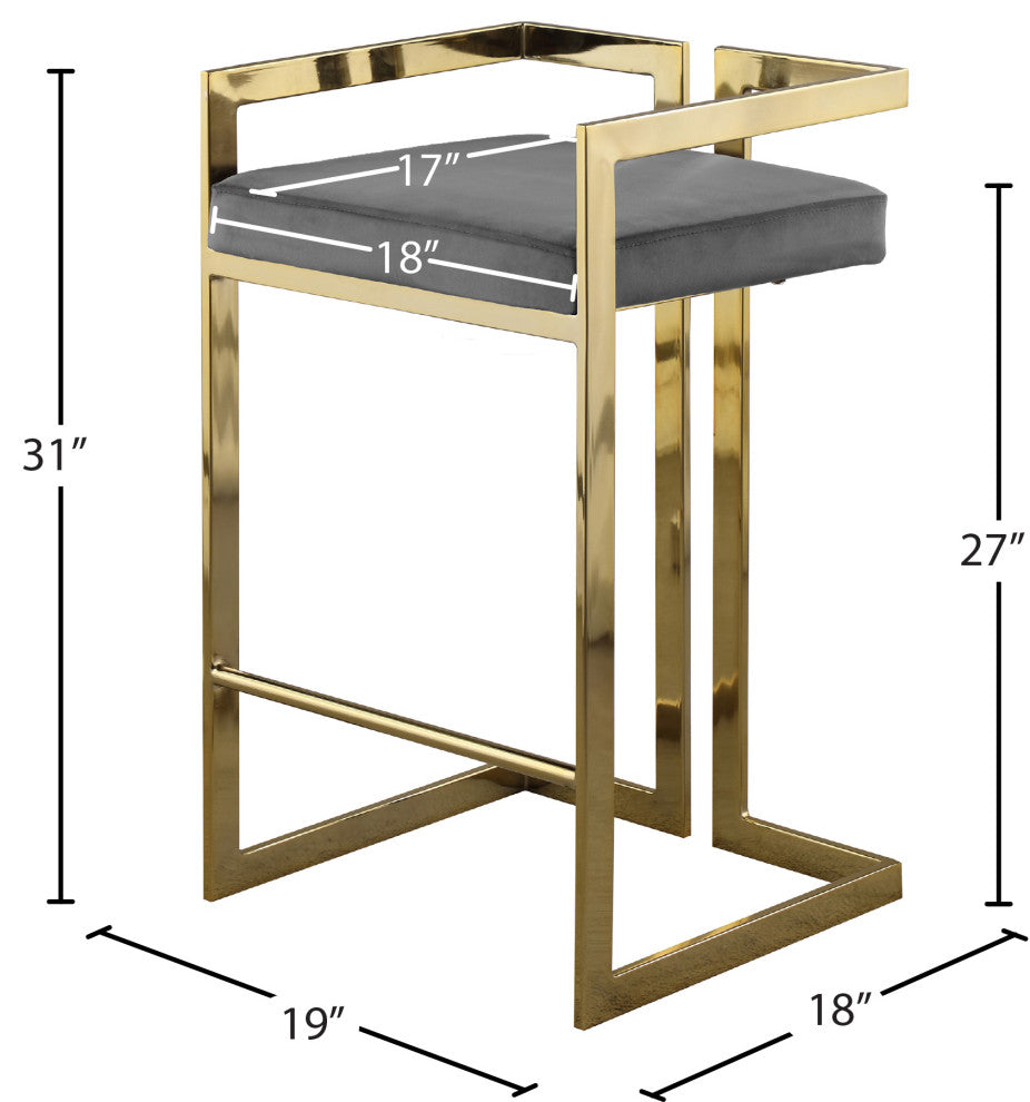 Ezra Counter Stool, Set of 2, Gray Velvet, Gold Base