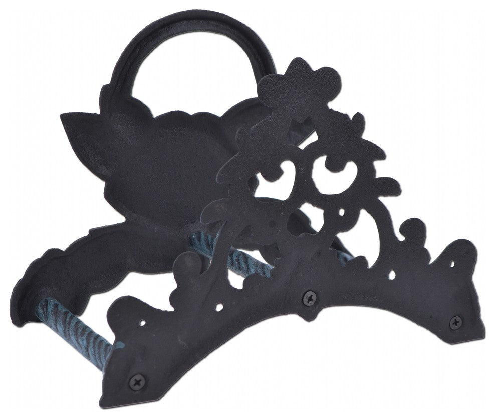 Garden Hose Holder, Rose Flower, Verdigris Cast Iron, 9.5" Wide