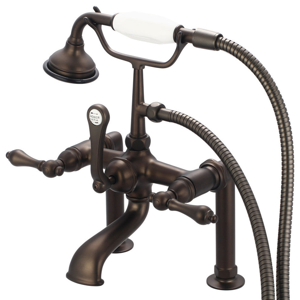 Vintage 7" Spread Deck Mount Tub Faucet w/6" Risers & Handshower, Lever handles