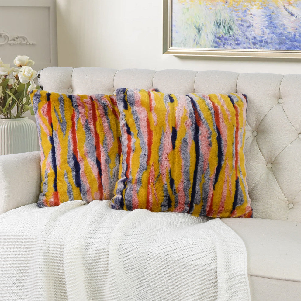 Multi Jacquard Faux Fur Pillow Covers Set of 2, Orange, 14''x26''