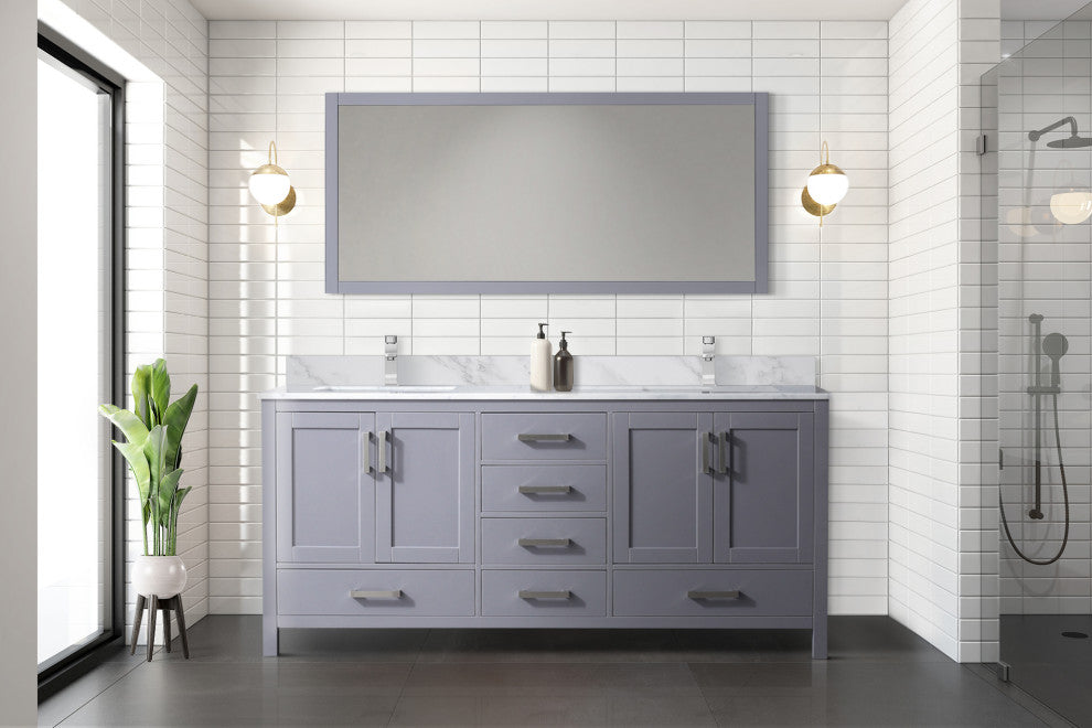 Jacques 72" Dark Gray Double Vanity Carrara Marble Top Sinks, 70" Wall Mirror