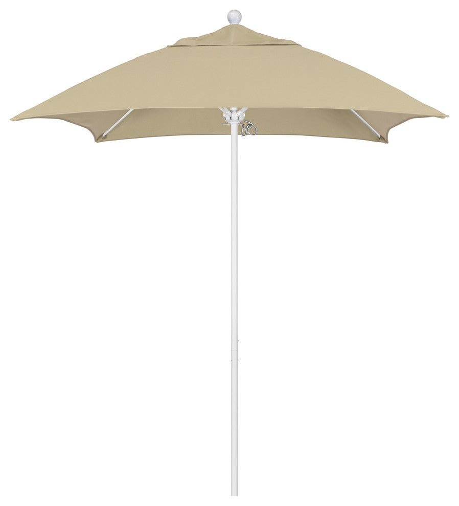 6' Square Matted White Push Lift Fiberglass Rib Aluminum Umbrella, Sunbrella, Antique Beige