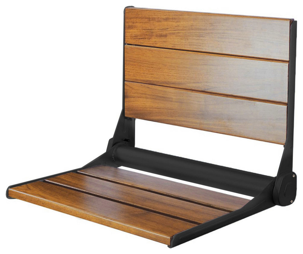 18" ADA Compliant Folding Teak Wood Shower Bench Seat Medical Wall Mount Black
