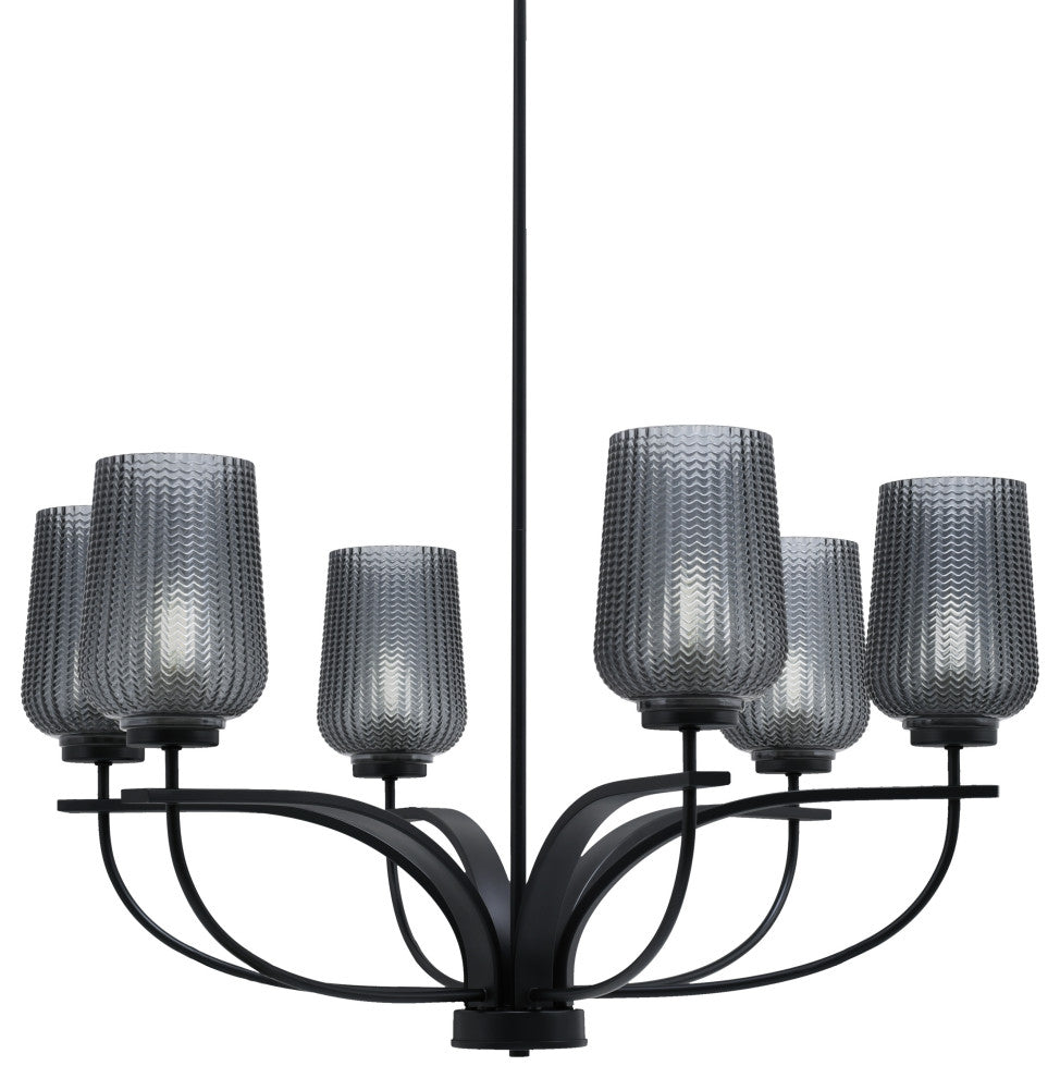 Cavella 6 Light Chandelier, Matte Black Finish, 5" Smoke Textured Glass