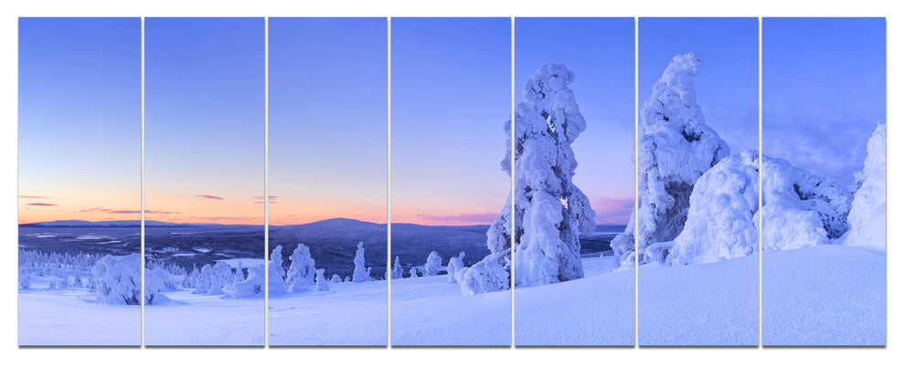 Sunset over Frozen Trees, Modern Landscape Canvas Art, 83"x32", 7 Panels