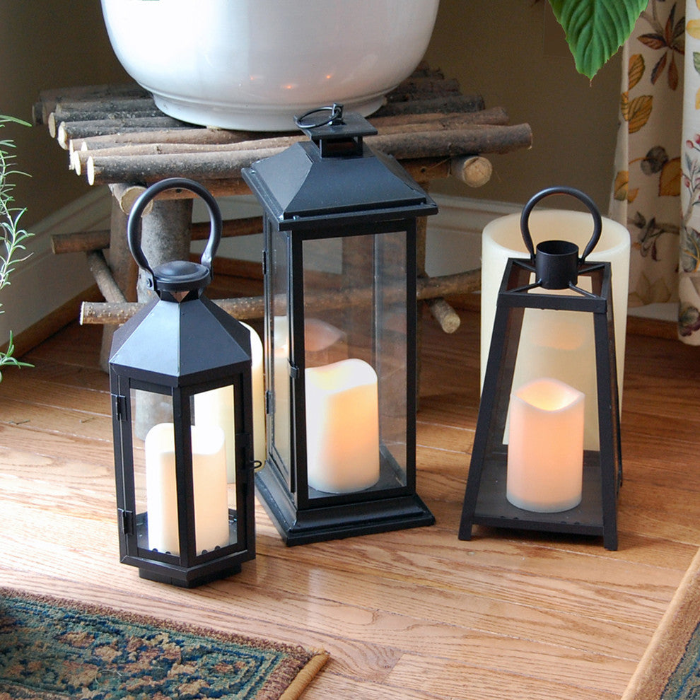 Black Hexagon Lantern With LED Candle