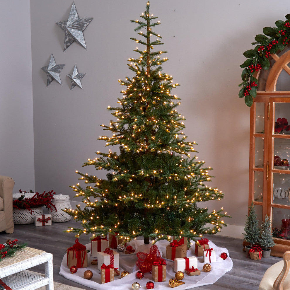 8' Layered Washington Spruce Faux Xmas Tree W/Clear Lights & Bendable Branches