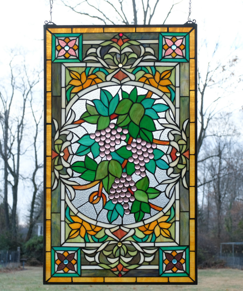 20" x 33.75" Large Handcrafted glass window panel Grape W/ Vine
