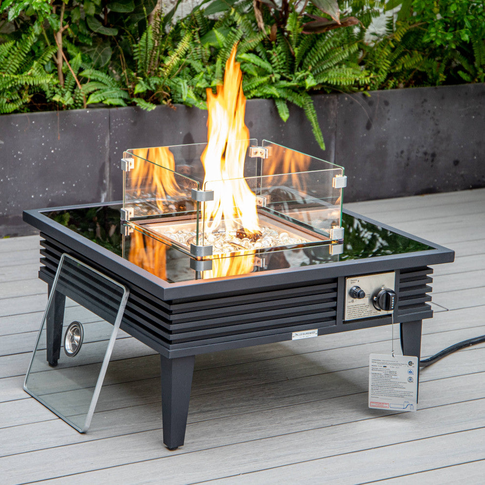 LeisureMod Walbrooke Square Fire Pit Table and Tank Holder With Slats, Black