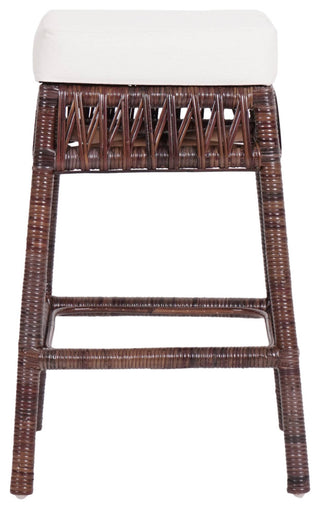 25.5"Bohemian Basics Rattan Backless CounterStool,White Cushion,Dark Brown Frame