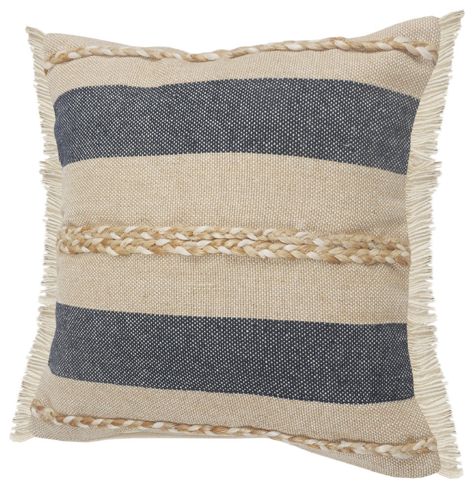 Atlantis Coastal Striped Throw Pillow with Jute Braiding and Fringe, 20" X 20"