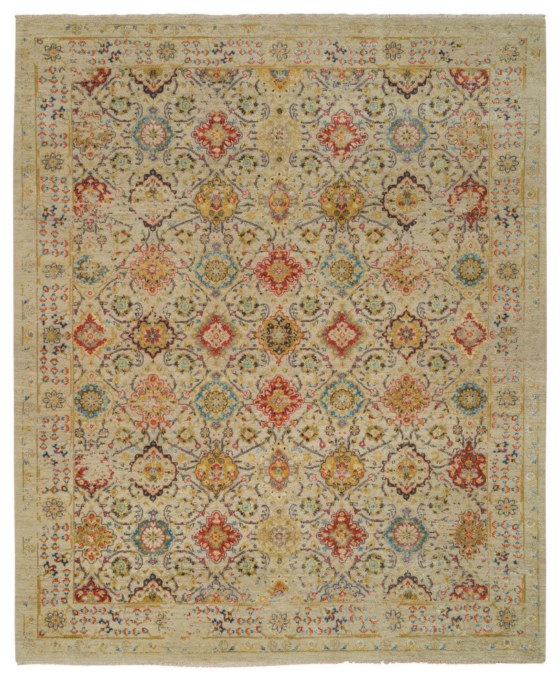 Beige, THE SUNSET ROSETTES, Hand Knotted Wool And Pure Silk, Rug, 8'2"x10'2"