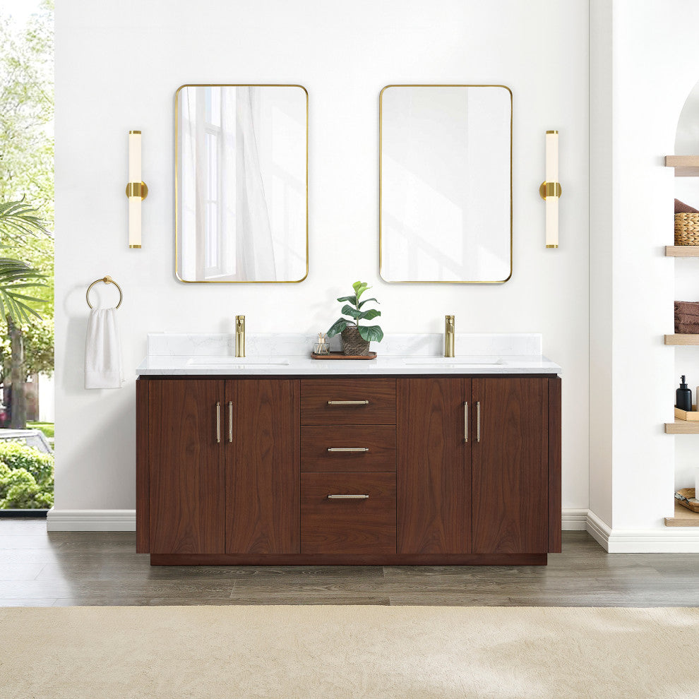 San Bath Vanity with Stone Top, Natural Walnut, 72", Double Vanity, No Mirror