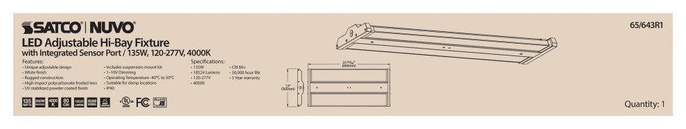 LED Adjustable High Bay - 135W - 4000K - Integrated Sensor Port - 120-277V