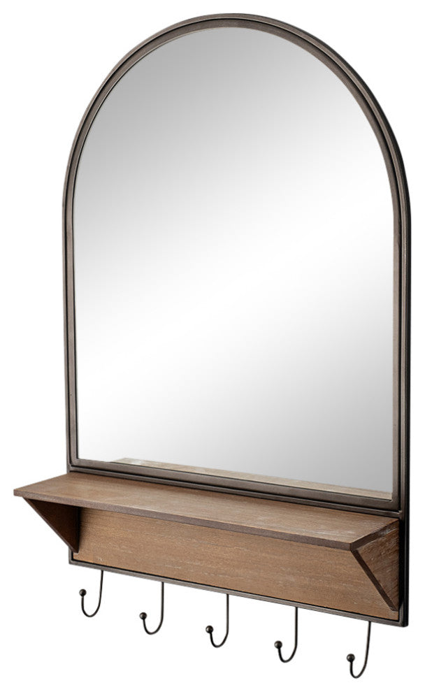 Neville Black Metal and Brown Wood Shelf With Hooks Arched Mirror, 30" x 20"