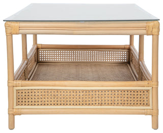 Rattan Cane Rectangular 2-Tier Shelf Coffee Table Glass Top