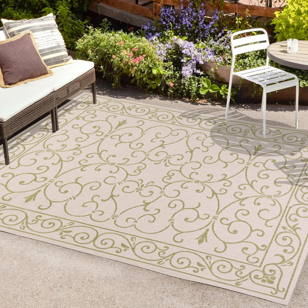 Charleston Filigree Textured Weave Indoor/Outdoor, Cream/Green, 8 X 10