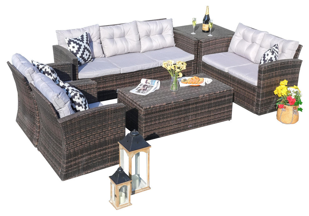 Patio 6-Piece Wicker Sofa Conversation Set With Cushions, Brown