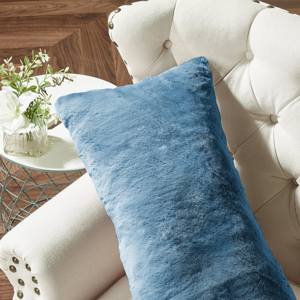 Heavy Faux Fur Throw Pillow Covers 2pcs Set, Smoke Blue, 14''x26''