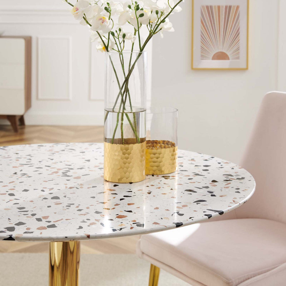36" Dining Table, Round, White Gold, Metal, Modern Cafe Bistro Hospitality