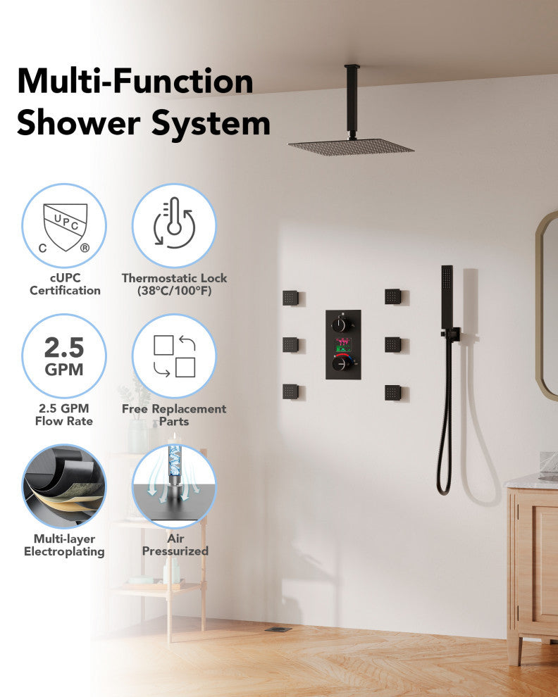 Digital Shower System 12" Rainfall Shower Head With 6 Body Jets, Matte Black