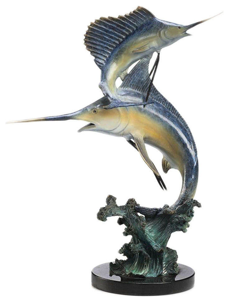 Hand Painted Marlin and Sailfish Statue 15 Inch Brass