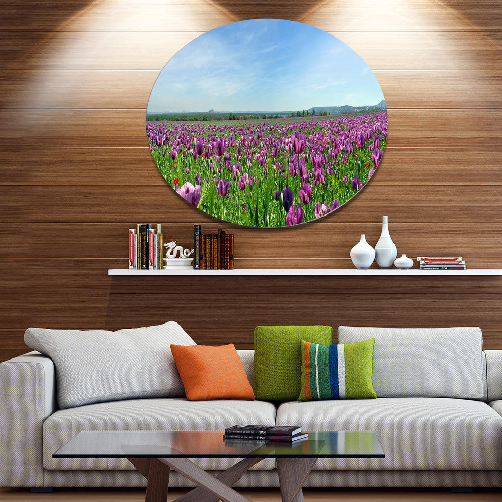 Purple Poppy Field Panorama, Modern Floral Round Metal Wall Art, 11"
