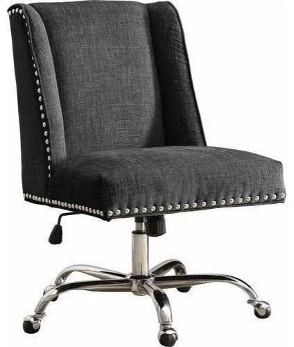 Unique Office Chair, Cushioned Seat & Nailhead Trim Accents, Charcoal Fabric