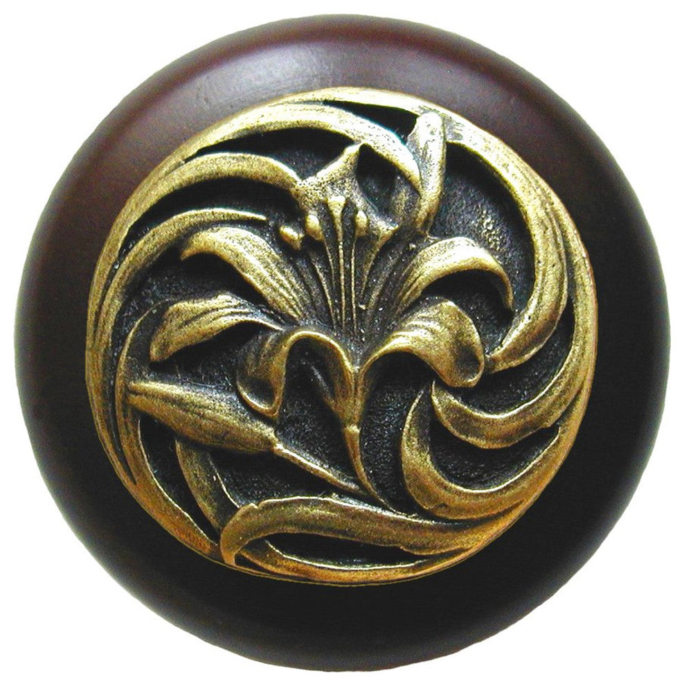 Tiger Lily Wood Knob, Antique Brass, Dark Walnut Wood Finish, Antique Brass